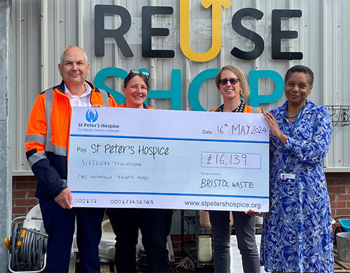Staff from Bristol Waste with Susan Hamilton, St Peter's Hospice Chief Executive